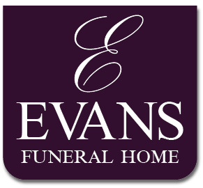 Evans Funeral Home logo on purple background with white script E and serif text