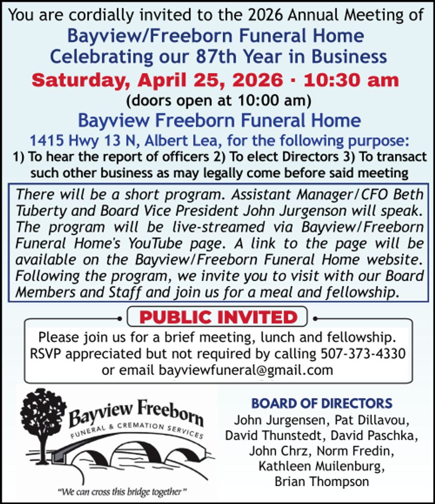 2026 Annual Meeting of Bayview/Freeborn Funeral Home and Cremation Services
