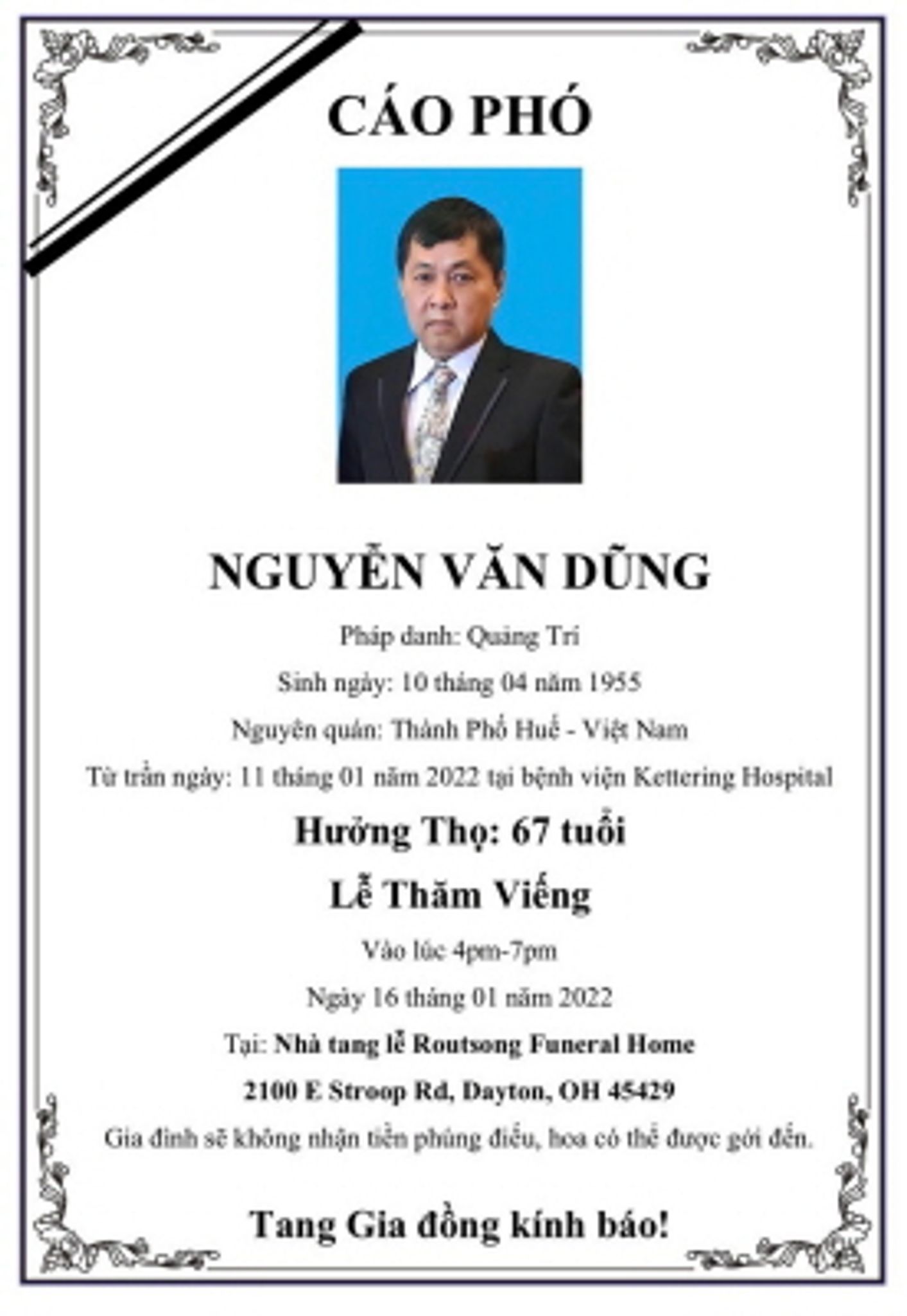 Dung Van Nguyen Obituary January 11, 2022 - Routsong Funeral Home and  Cremation Services