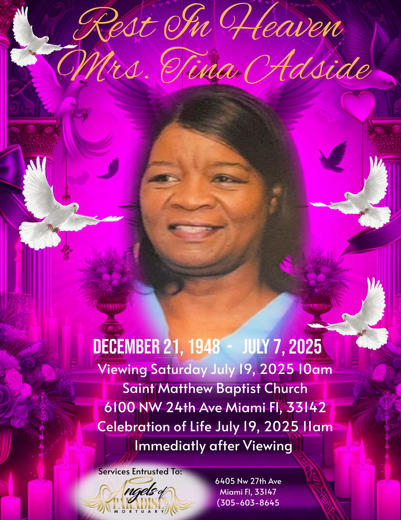 Cover for Tina Aside's Obituary