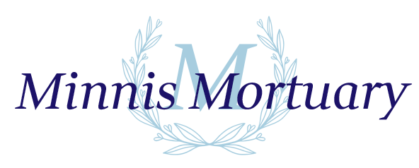 Minnis Mortuary logo with purple text and pale blue laurel wreath emblem