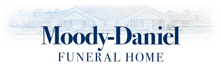 Moody-Daniel Funeral Home logo in blue serif text on a light background with faint house line art